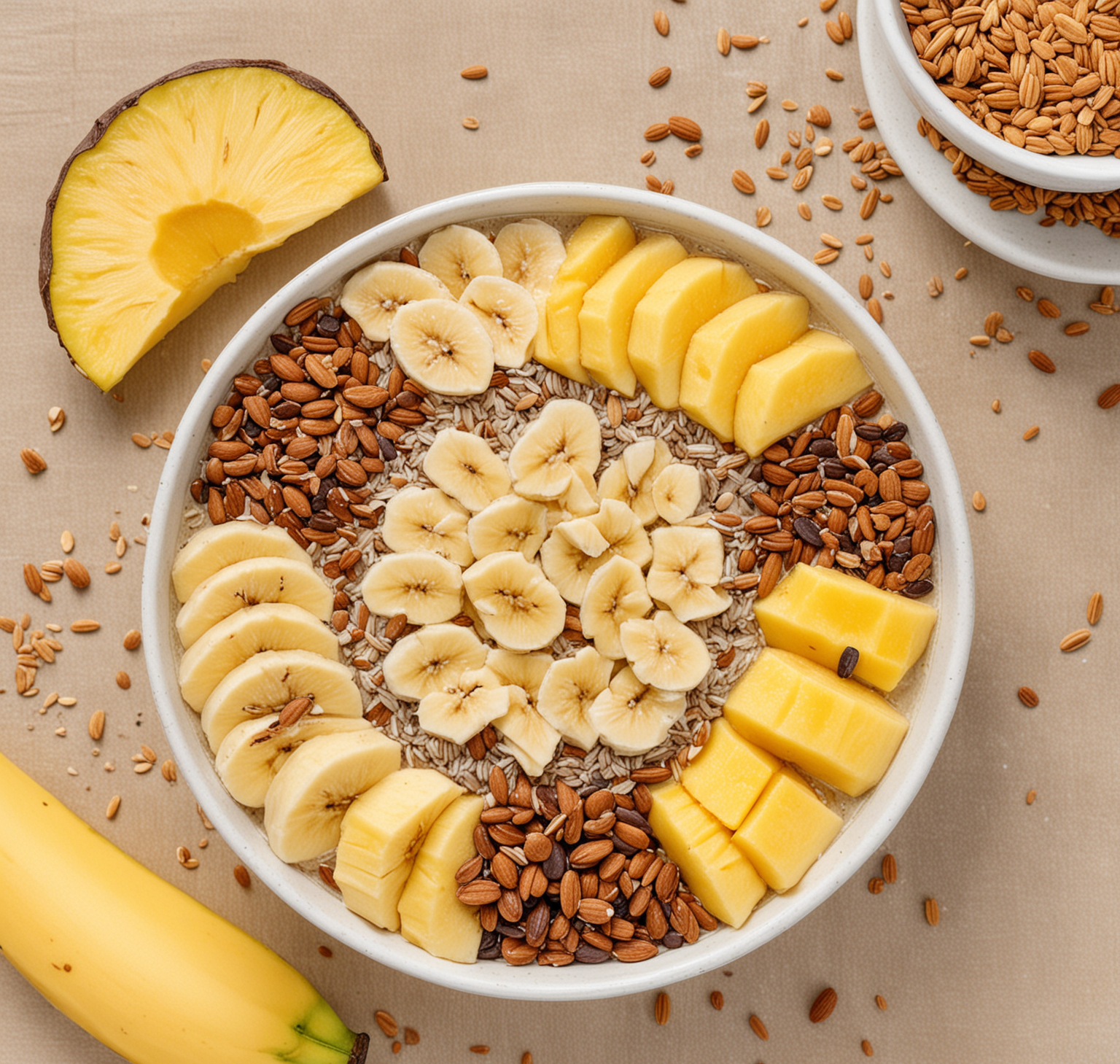 tropical smoothie bowl with mango, pineapples, banana and seeds