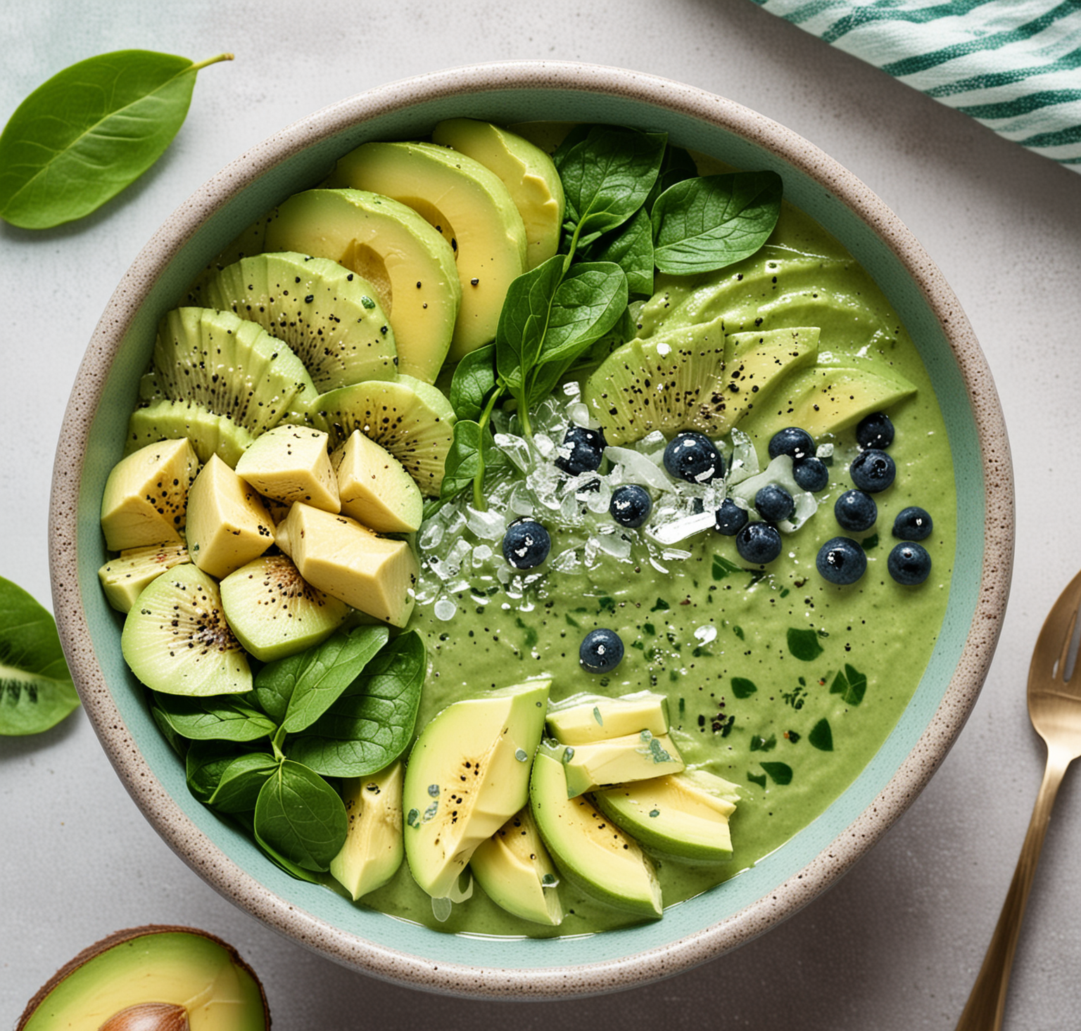 smoothie bowl with spinach, avocado and kiwi